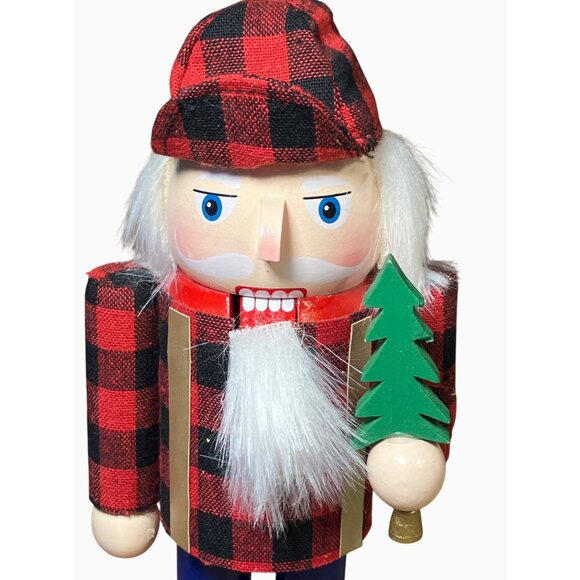 Lumberjack Nutcracker Wood Figurine Plaid Shirt 9 Inches Tall - Picture 2 of 9